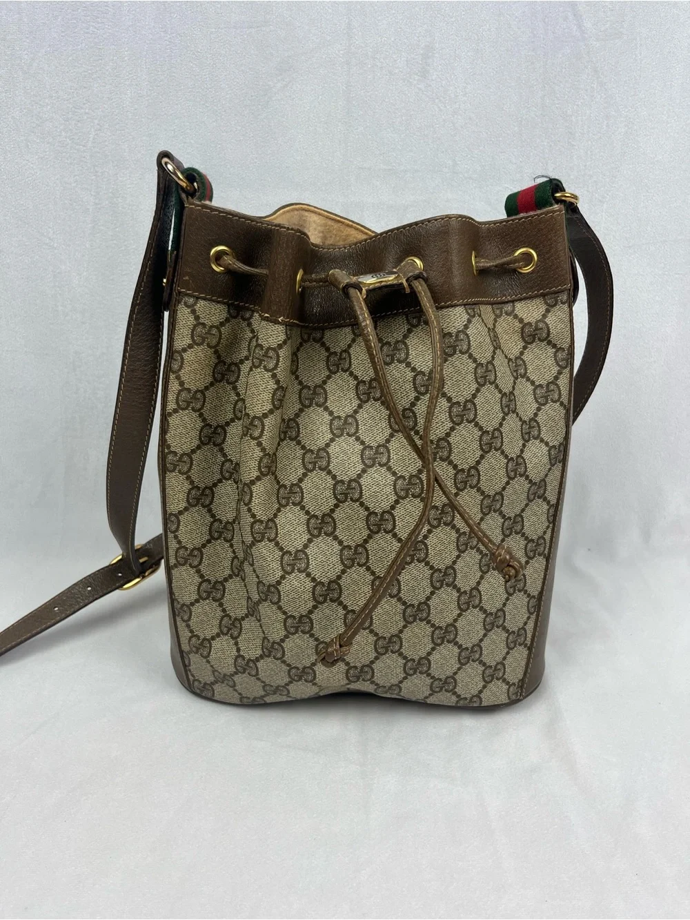 GUCCI Sherry Line Drawstring Shoulder Bag & Dustbag GG Brown Monogram VTG Italy - Picture 2 of 16